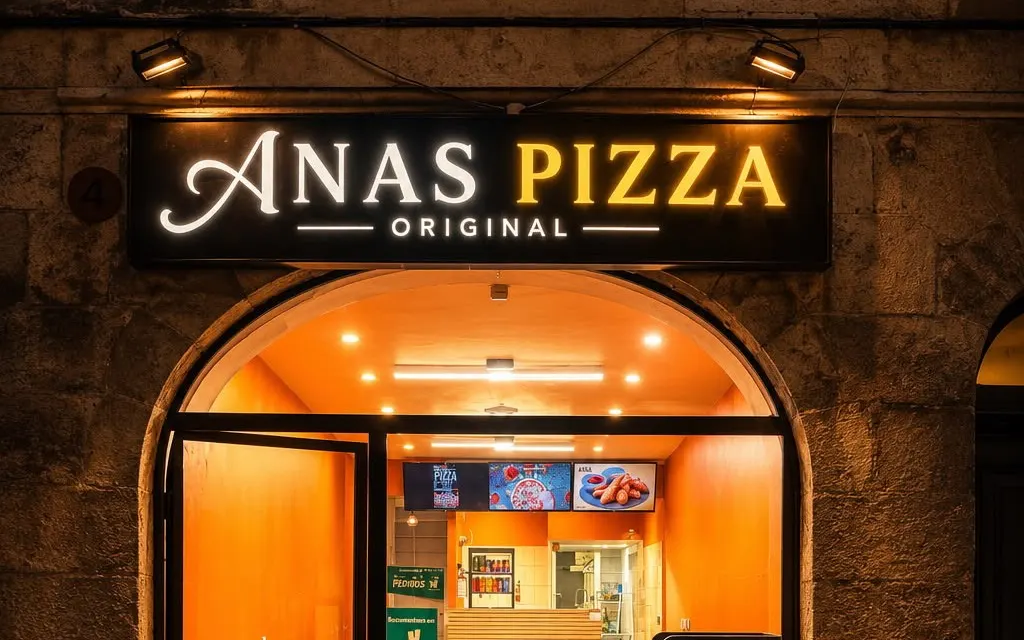 La devanture éclairée d’Anas Pizza Original, 10 allée Duguay Trouin à Nantes, la nuit